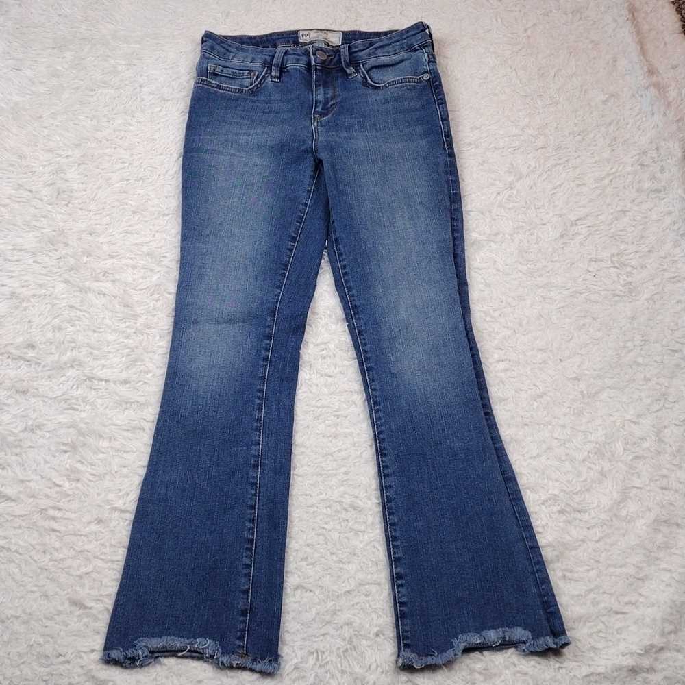 Free People Blue Medium Wash Five Pocket Mid Rise Raw Hem Cropped Boot Cut Jean - Picture 2 of 12